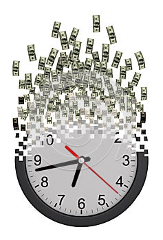 Time Is Money Concept. Clock Falling Apart To Dollars.