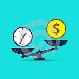 Time is money concept. Clok and money symbols on scale. Vector illustration