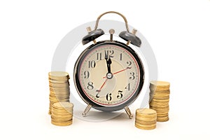 Time is Money concept with Coins stack around clock