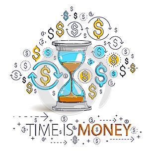 Time is money concept, hourglass and dollar icons set, sand watch timer deadline allegory.