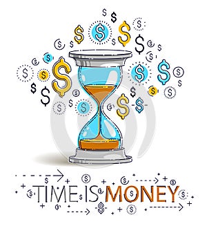 Time is money concept, hourglass and dollar icons set, sand watch timer deadline allegory.