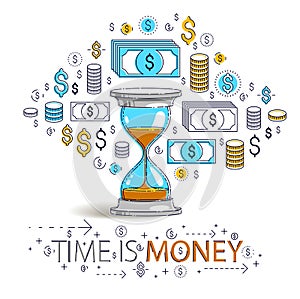 Time is money concept, hourglass and dollar icons set, sand watch timer deadline allegory.
