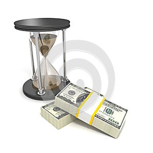 Time is money concept with hundred dollar bills and hourglass