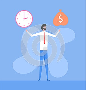 Time or money concept. Man doing choice clock or bag with money. Vector abstract scene