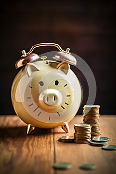 Time is money concept. Piggy bank shaped clock. Investing early concept, Generation wealth, retiremen pension plan