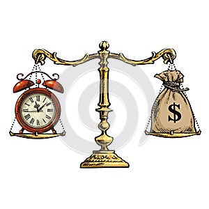 Time is money concept. Sack of dollars and pocket watch on scale. Vector