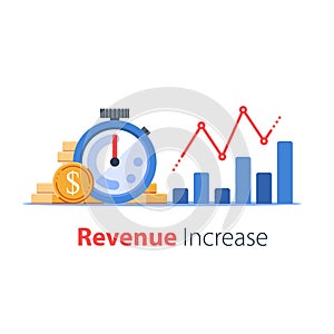 Stopwatch and portfolio performance graph, revenue increase chart, business growth, return on investment photo