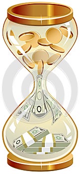 Time is money. Hourglass coins and notes