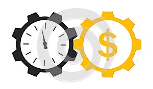 Time is money. Icon with clock and cog. Logo of wage and superannuation. Circles with hours and gear. Cash dollars after work.