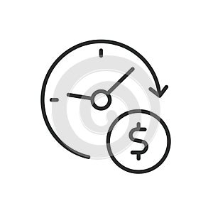 Time is money, icon in line design. Time, money, clock, value, savings, financial, watch on white background vector photo