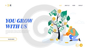 Time is Money, Investment Website Landing Page. Businesswoman Watering Dollar Plant Growth Wealth Capital