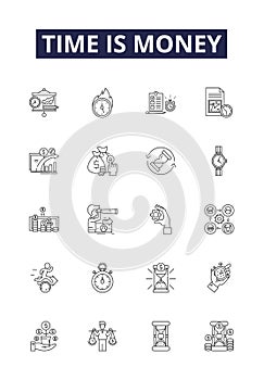 Time is money line vector icons and signs. Precious, Expensive, Imperative, Costly, Profitable, Crucial, Frugal, Useful photo