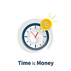 Time is Money, long term investment, financial planning, finance strategy, payment deadline, time management. Flat