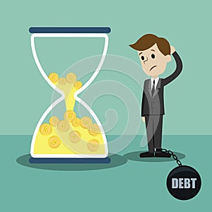 Time is money. Money in sandglass. Businessman lose his money losing time and dont know how to close a debt
