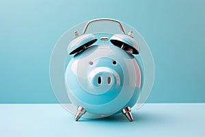 Time is money. Piggy bank and clock in one. Isolate don a blue background. Retirement planning or investing long term