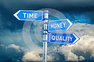 Time money quality choice arrow direction sign difference over dramatic sky background as business concept