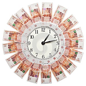 Time is money. Russian banknotes and watches on white background.