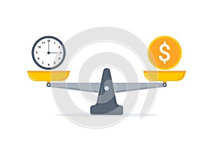 Time money scale balance vector comparision equity price work value salary illustration.