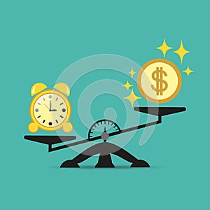 Time and money on the scales, business success. Vector concept. Time is expensive. Illustration for your projects.