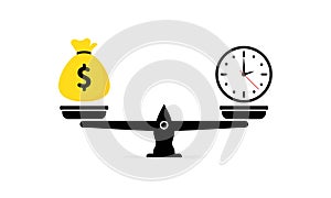 Time is money on scales icon. Money and time balance on scale. Weight with watches and cash coins. Time or money