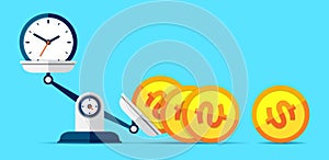 Time is money. Scales icon in flat style. Libra symbol, balance sign. Coins fell. Time management. Dollar and clock icons. Vector