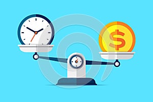 Time is money. Scales icon in flat style. Libra symbol, balance sign. Time management. Dollar and clock icons. Vector design eleme