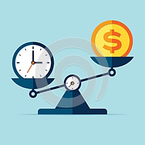 Time is money. Scales icon in flat style. Libra symbol, balance sign. Time management. Dollar and time icons. Vector design elemen