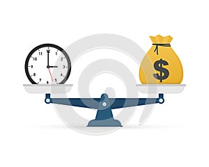 Time is money on scales icon. Money and time balance on scale. Vector stock illustration