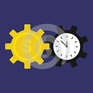 Time money symbols clock cogwheels on blue background. Flat design EPS 10
