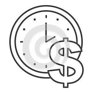 Time is money thin line icon. Watch, clock and dollar symbol, outline style pictogram on white background. Business or