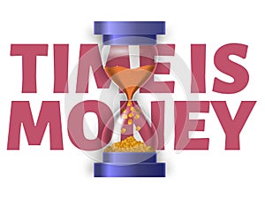 Time is money vectior illustration. Sand clock and text block on white background.