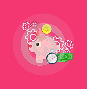 Time is money vector flat illustration icon logo. Work hour return back pension. Dollar management multiply currency internship. C