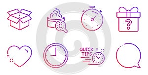 Time, Open box and Timer icons set. Collagen skin, Secret gift and Quick tips signs. Vector
