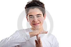 Time out gesture by Hispanic boy with acne-prone skin.