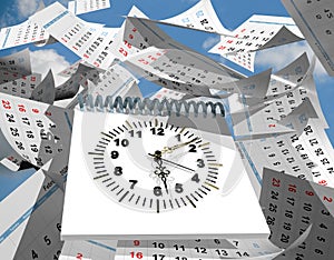 Time pass flying diary pages on the  sky clock time psychology - 3d rendering