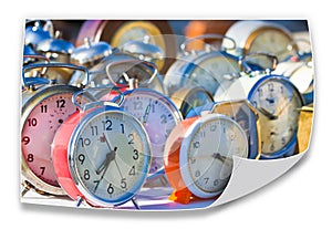 Time passes inexorably - Old colored metal table clocks - concept image