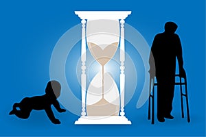 Time passing concept:  baby and old man with walker silhouetters and an hourglass or clepsydra between them