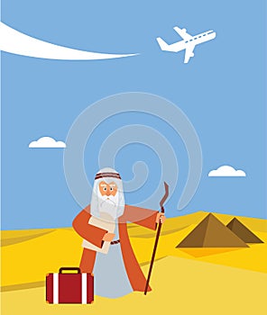 Time for passover vacation in Hebrew. moses with torah and suitcase