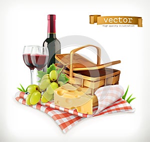 Time for a picnic, a tablecloth and picnic basket, wine glasses, cheese and grapes, vector illustratio
