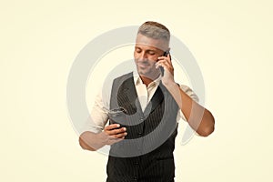 Time for recharge. Mobile communication. Coffee take away. Mature man hold paper coffee cup white background. Delicious