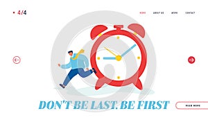 Time Resource Website Landing Page. Businessman Running near Huge Alarm Clock Hurry at Work. Time Management