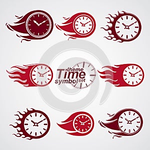 Time is running out concept, vector timers with burning flame. E