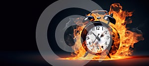 time is running out or deadline concept with bruning alarm clock on fire photo