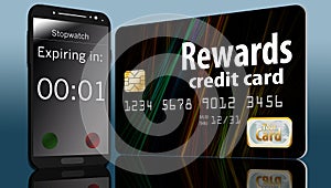 Time is running out on expiring credit card rewards and a time on a cell phone next to a card makes this point.