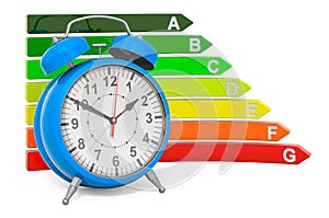 Time saving energy resource concept. Alarm clock with energy efficiency chart, 3D rendering