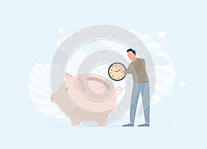 Time saving vector illustration concept with man putting clock face into piggy bank. Timesaving services with work photo