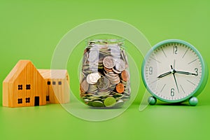 time, savings, coins in a glass jar, financial planning financial investment Income, cash flow and living expenses