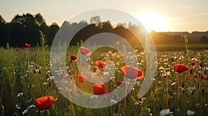 At the time of the setting sun, the poppy meadow becomes a striking sight, symbolizing the flower of Memorial Day