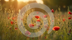 At the time of the setting sun, the poppy meadow becomes a striking sight, symbolizing the flower of Memorial Day