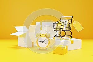 Time for shoppings concept with alarm clock.3d rendering